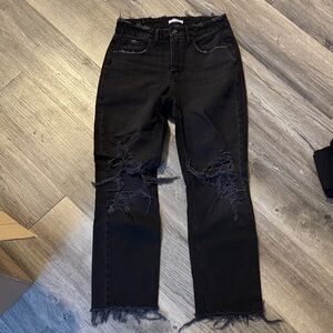 Good American Black Ripped Straight Leg Jeans
